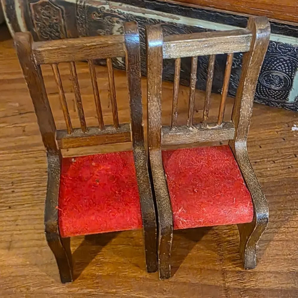 Set of 2 Vtg 1980's Dark Wood Red Seat Miniature 1:12 Scale Dining Room Chair